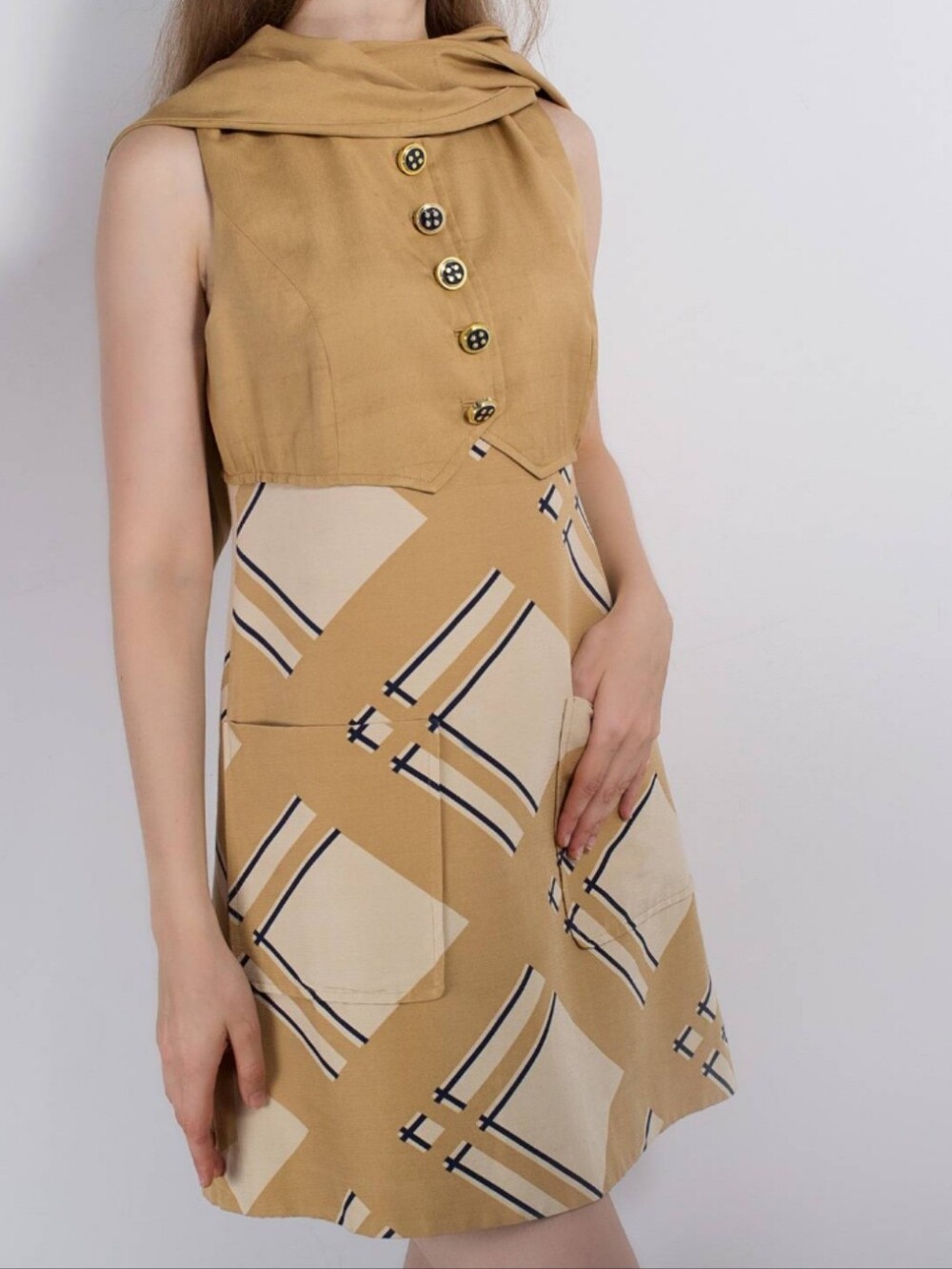 Marc By Marc Jacobs Beige & Cream Plaid Bow Mini Sleeveless Dress